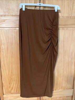 Ruched Chocolate Brown Midi Skirt with side slit